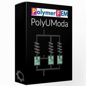 May include: A black box with the text "Polymer FEM" and "PolyUModa" in white. Below the text is a diagram of springs and blocks. The box also has a gear icon in the lower left corner.