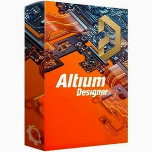 May include: An orange box featuring the text "Altium Designer" in white. The box has a circuit board design on the top and sides, with a gold-colored "G" logo. A gear icon is visible on the lower left corner.