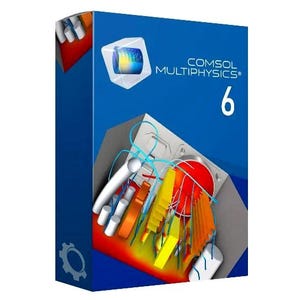 May include: A blue box with the text "COMSOL MULTIPHYSICS® 6" and a graphic of a 3D model with orange, yellow, and red elements. A white, geometric shape with a colorful interior is in the upper left corner.