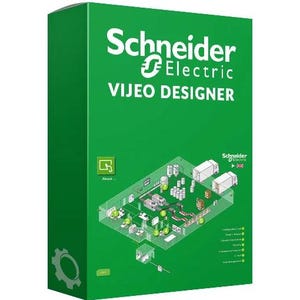 May include: A green box with the words "Schneider Electric" and "VIJEO DESIGNER" in white. The box features a diagram of an industrial setup and a gear icon. The Schneider Electric logo is also visible.