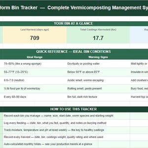 May include: A digital Worm Bin Tracker spreadsheet with a dark green header titled Complete Vermicomposting Management System. It includes sections for bin statistics, a quick reference table for moisture, temperature, pH, and feeding ratios, plus instructions for logging bin data, feedings, conditions, harvests, and monthly summaries.
