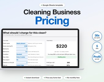 Googleスプレッドシート用の清掃業料金計算ツール、ハウスクリーニングの見積もりと利益トラッカー