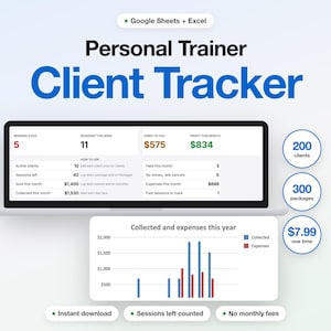 Personal Trainer Spreadsheet Template, Client Tracker for Session Packages, Renewals and Progress (Google Sheets + Excel)