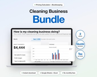清掃業向けテンプレートバンドル、ハウスクリーニング料金計算ツールと簿記スプレッドシート、見積もりと利益トラッカー、Googleスプレッドシート