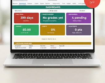 学生プランナー 2026-2027 Google スプレッドシート、英国の学年度、GCSE A レベルの復習スケジュール、課題トラッカー、試験カウントダウン、UCAS ポイント