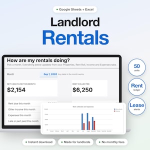 May include: A digital spreadsheet template for Landlord Rentals compatible with Google Sheets and Excel. The interface displays financial data including net cash flow, rent collected, and a bar chart for expenses. Features include 50 units, rent ledger, and lease alerts.