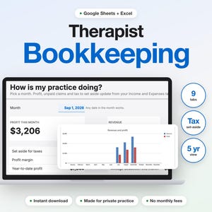 May include: A digital bookkeeping template for therapists compatible with Google Sheets and Excel. The interface displays a dashboard titled How is my practice doing? with a profit of $3,206, a revenue and profit bar chart, and circular icons indicating 9 tabs, tax set-aside, and a 5-year view.