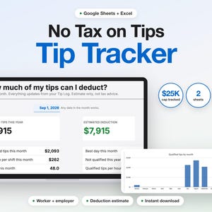 Könnte beinhalten: Eine digitale Trinkgeld-Tracker-Tabelle für Google Sheets und Excel. Die Benutzeroberfläche zeigt ein Dashboard mit Feldern für qualifizierte Trinkgelder, geschätzte Abzüge und monatliche Daten. Enthält kreisförmige Symbole für 25K-Limit.