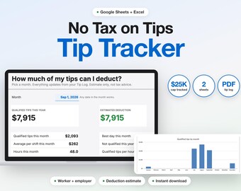 Tip Tracker Spreadsheet, No Tax on Tips 2026 Deduction Log, Worker and Employer Bundle for Google Sheets, Excel