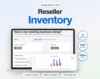 eBay、Poshmark、Mercari、Depop向けのリセラー用スプレッドシート、在庫トラッカー、利益と手数料の計算ツール、GoogleスプレッドシートExcelテンプレート