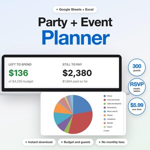 May include: A digital Party + Event Planner for Google Sheets and Excel. The interface displays budget tracking with $136 left to spend of a $4,200 budget and $2,380 still to pay. Includes a colorful pie chart, guest count, and RSVP tracking.