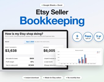Etsyセラー向け会計スプレッドシート、売上トラッカー、損益ダッシュボード（Googleスプレッドシート、Excelテンプレート用）