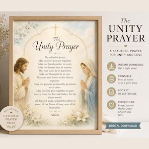 May include: A framed print titled The Unity Prayer featuring illustrations of Jesus and Mary with hands clasped in prayer. The text includes the full prayer and the words The Unity Prayer. The print is 8.5 inches by 11 inches in size.