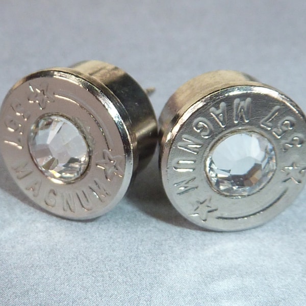 Bullet Earrings . 357 Magnum Nickel Plated Brass  . April Diamond .