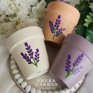 May include: Three small, painted terracotta flower pots in cream, peach, and lavender. Each pot features a purple lavender sprig design with green stems. The pots are arranged on a decorative wooden tray with white beads. The text "SHUKR GARDEN" is visible.