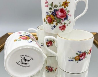 Tazas de espresso vintage Royal Stuart / Porcelana fina / Ribete floral dorado / Hechas en Inglaterra