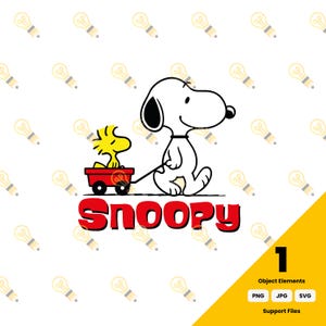 May include: A graphic illustration of the white dog Snoopy pulling a red wagon with the yellow bird Woodstock sitting inside. Below the characters, the word Snoopy is written in bold red letters. The background features a repeating light bulb pattern.