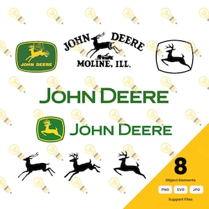 Puede incluir: Una colección de elementos gráficos de John Deere que incluye varias siluetas de ciervos saltando, el logotipo de John Deere en verde y variaciones de logotipos con el texto John Deere y Moline, Ill. El conjunto incluye ocho archivos digitales.