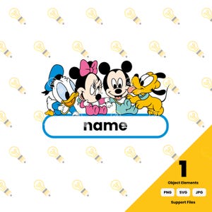 Cute Baby Friends SVG PNG JPG | Personalized Baby Name Design | Mickey, Minnie, Donald, Pluto | Digital Download