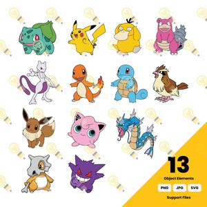 May include: A collection of 13 colorful cartoon character illustrations. The characters include a green dinosaur-like creature, a yellow mouse, a duck, a pink creature, a purple creature, an orange lizard, a blue turtle, a brown bird, a brown fox, a pink ball, a blue serpent, a tan creature, and a purple ghost.