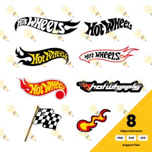 Puede incluir: Una colección de ocho elementos gráficos digitales que presentan varios diseños de logotipos de Hot Wheels en negro, blanco, rojo y amarillo, una bandera de carreras a cuadros en blanco y negro en un asta y un gráfico de llama estilizado.