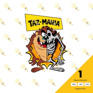 May include: A graphic illustration featuring the Taz-Mania character split down the middle, showing the brown fur on one side and a white skeleton on the other. The character is set against a yellow background with the text TAZ-MANIA above.