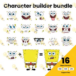 Puede incluir: Gráfico "Character builder bundle" con 16 elementos de objetos. La imagen presenta varias expresiones faciales de un personaje de esponja amarilla, junto con una ilustración de cuerpo completo. La imagen incluye el texto "16 Object Elements" y opciones de tipo de archivo.