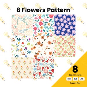 Puede incluir: Una colección digital titulada 8 Flowers Pattern que presenta ocho diseños florales distintos. Los patrones incluyen varios arreglos de flores, hojas y tallos coloridos en tonos rosa, azul, naranja y crema, presentados en una cuadrícula.