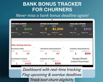 Bank Bonus Tracker for Churners | Google Sheets Template | Churning Tracker and Bonus Log