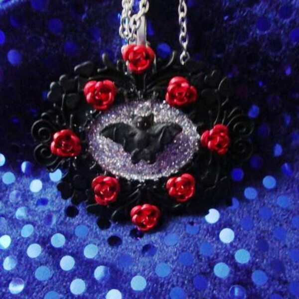 SALE, Bat necklace with red roses