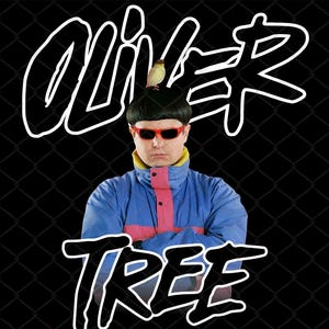 May include: A digital graphic featuring a person with a bowl cut, red sunglasses, and a blue and pink jacket, with a small bird perched on their head. The text reads "DIGITAL DOWNLOAD" at the top, "OLIVER" in the middle, "TREE" below, and "TRANSPARENT BACKGROUND" at the bottom.