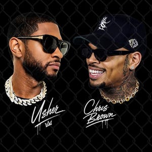 May include: A digital graphic featuring portraits of Usher and Chris Brown against a black chain-link fence background. Usher wears black sunglasses and a thick silver chain. Chris Brown wears a black cap, sunglasses, and a gold chain. Text reads Usher and Chris Brown.