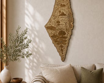 Carte de Palestine en bois | Carte illustrée gravée au laser | Décoration intérieure palestinienne | Bois de bouleau artisanal | فلسطين
