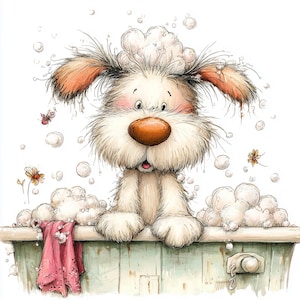 Puede incluir: Un perro peludo de color claro con una gran nariz marrón y mejillas rosadas está sentado en una bañera de color verde claro llena de burbujas de jabón blancas. Una toalla rosa cuelga del borde y pequeñas flores naranjas flotan entre ellas.