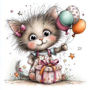 May include: A fluffy gray kitten with large eyes, wearing a patterned jumper with a pink bow on its ear, holding a cluster of colorful balloons in teal, pink, and orange, while sitting next to a square gift box wrapped with a large pink ribbon.