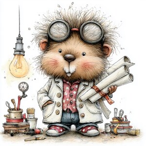 May include: A cartoon hedgehog wearing goggles, a white lab coat, a red patterned shirt, and blue jeans, holding rolled-up blueprints. The scene includes a hanging light bulb, various tools, brushes, and containers arranged around the character.