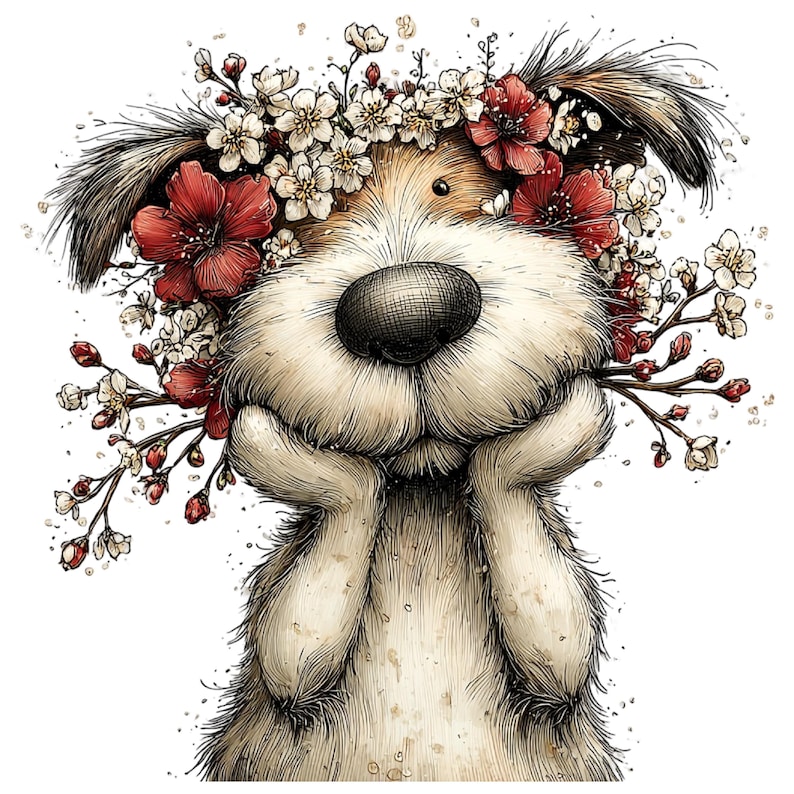 37 PNG Whimsical Dog Clipart Bundle, Cute Watercolor Dogs With Flowers ...