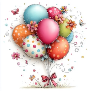 Könnte beinhalten: Bunte Illustration eines Ballons-Bouquets. Die Ballons sind in verschiedenen Farben, darunter Blau, Rosa, Orange, Rot und Grün, und einige haben Tupfen. Die Ballons sind mit Blumen und Schmetterlingen verziert und mit einer roten Schleife gebunden.