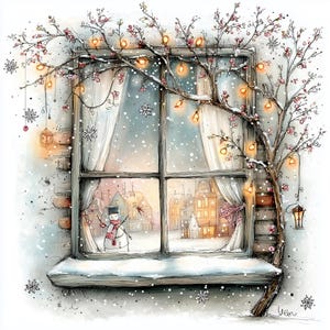 59 JPG Whimsical Window All Season Clipart, Cute Watercolor Cottage Window Spring Summer Autumn Winter Illustration Digital Download