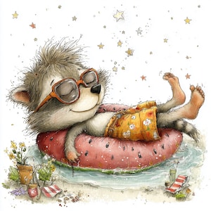 Puede incluir: Una ilustración en acuarela de un mapache con gafas de sol naranjas y bañador amarillo con estampado floral, flotando sobre un flotador con patrón de sandía en agua poco profunda. Pequeñas estrellas amarillas se dispersan en el aire.
