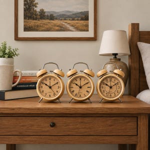 May include: Three round analog alarm clocks with light wood frames and silver metal bells on top. Each clock features a white face with black hands and numbers, with the center clock displaying Roman numerals while the others show Arabic numerals.