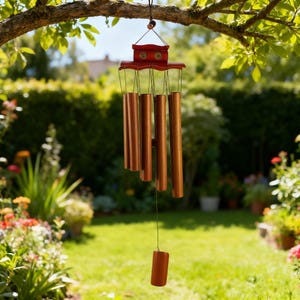 Op de afbeelding: Een rode en bruine windgong die aan een tak in een tuin hangt. De windgong heeft een rode bovenkant en koperkleurige buizen. De achtergrond toont een groen gazon en diverse planten.