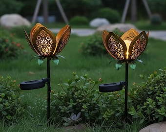 Solcellsdriven lotusträdgårdslampa, vattentät LED-blomlampa för utomhusbruk, trädgårdsstångslampa i metall, dekorativ gångvägslampa