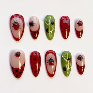 Pode incluir: Um conjunto de dez unhas postiças ovais. Os designs incluem vermelho com bolinhas pretas, verde com redemoinhos brancos e ilustrações de joaninhas, e uma base nude com pontas vermelhas e detalhes de joaninhas. Tamanhos diferentes.