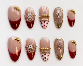 Cute clock nails/press on nails short almond nails/Kawaii Nails/3D gold chrome nails/Red polka dot nails/Glitter Star nails/Birthday nails