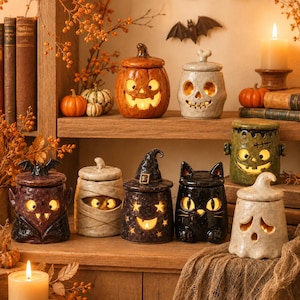 May include: A collection of ceramic Halloween-themed jars with lids, featuring designs of a jack-o'-lantern, skull, vampire, mummy, witch hat, black cat, Frankenstein's monster, and ghost, all illuminated from within with warm light.