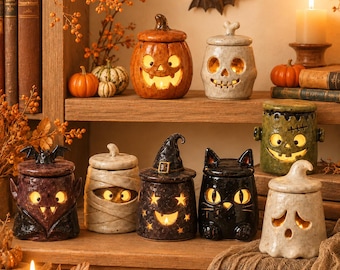 Handmade Ceramic Halloween Lantern-Style Tealight Holder – Rustic Ghost Decor – Fun & Spooky Candle Gift