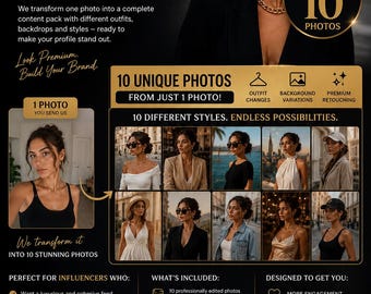 10 individuell gestaltete Influencer Fotos – Outfit, Hintergrund mit und ohne (Digitaler Service)