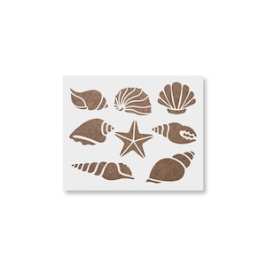 May include: A white square stencil featuring various brown seashell and starfish designs. The stencil includes different shell shapes and a five-pointed starfish, perfect for beach-themed crafts and decorations.