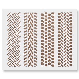 May include: A white stencil featuring four different tire tread patterns in brown. The patterns include herringbone, chevron, and various block designs. Ideal for DIY projects, these stencils offer diverse options for creating textured effects.